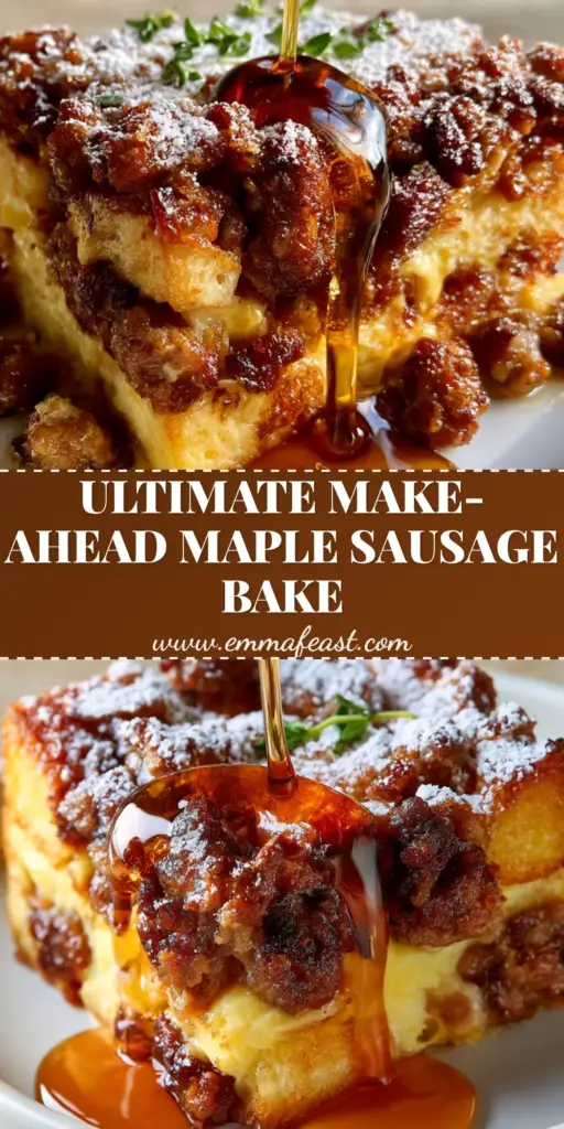 A square slice of Sweet maple sausage breakfast casserole on a white plate with maple syrup dripping down the sides.
