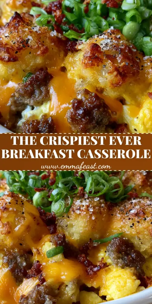A vertical shot of Tater tot sausage breakfast casserole showing shattered-glass crispy potatoes and melted cheddar rivers.