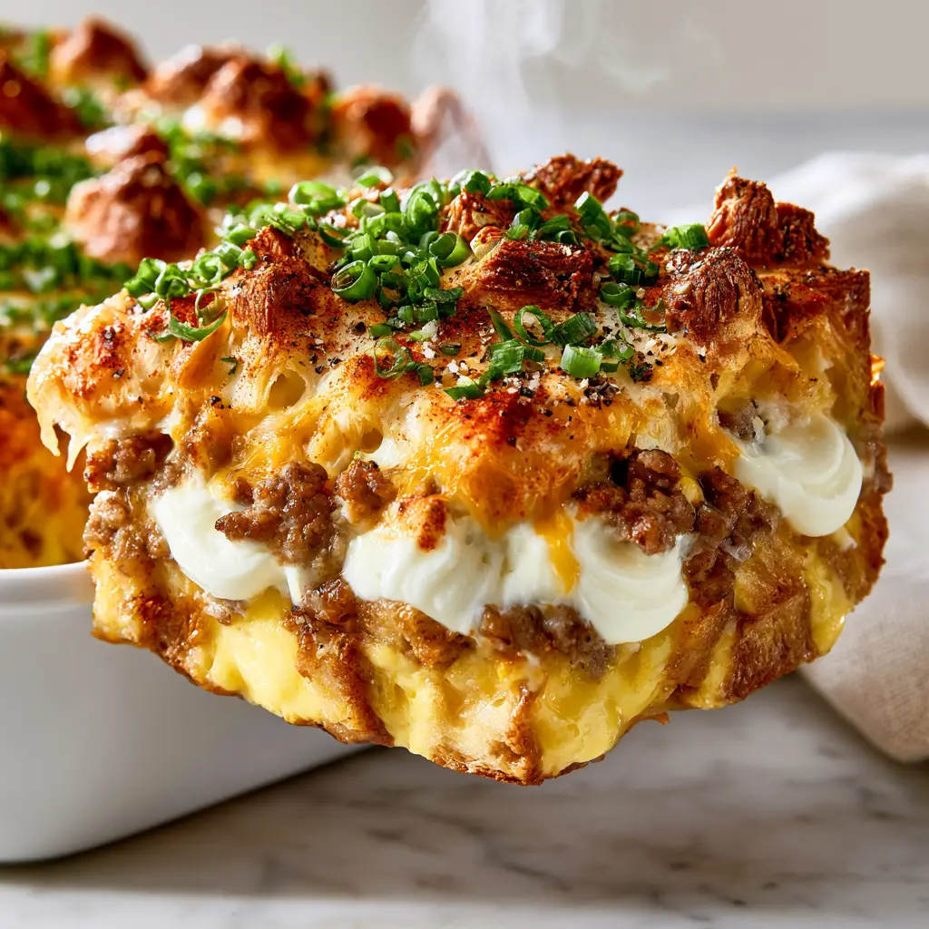 Detailed close-up of the shattered-crisp croissant tips and bubbling cheese on top of a cream cheese breakfast casserole.