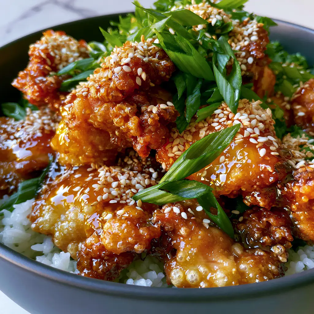 Chinese Honey Chicken: The Ultimate Crispy Takeout Secret 2 Macro shot of double-fried chicken chunks with a glowing amber honey glaze and toasted sesame seeds. (Chinese Honey Chicken)