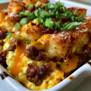 Macro close-up of crispy tater tots and melted sharp cheddar in a Tater tot sausage breakfast casserole.