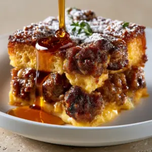 Extreme close-up of Maple sausage breakfast casserole featuring charred sausage crumbles and glistening syrup.
