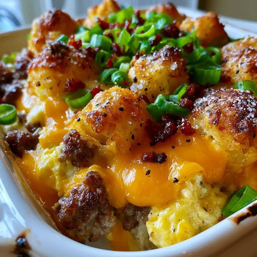 A single serving of Tater tot sausage breakfast casserole with bacon bits and green onions in a white stoneware dish.