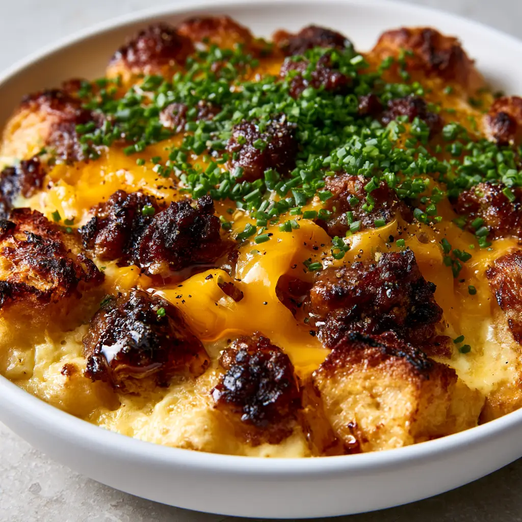 A side view of the egg custard base and toasted brioche edges in a maple sausage breakfast casserole.