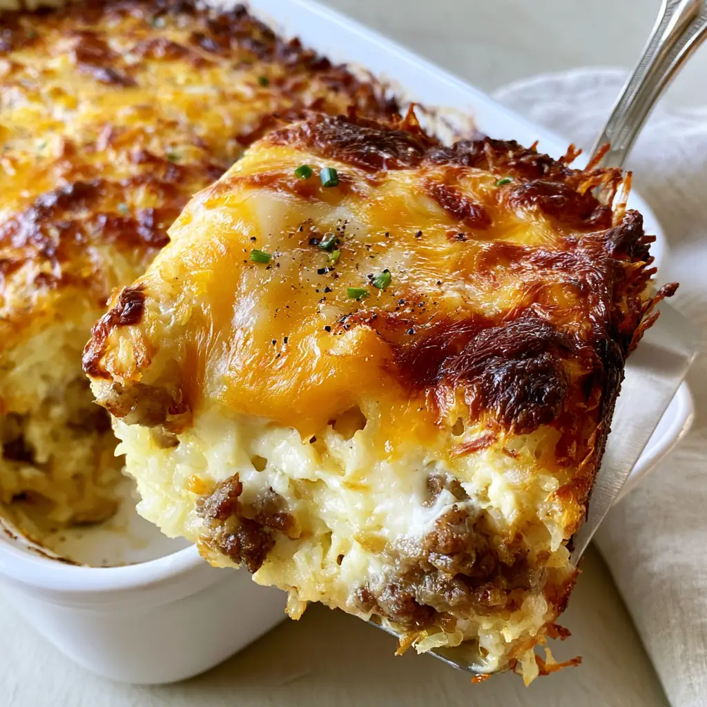 Close up cross section of sausage egg and cream cheese hashbrown casserole showing moist egg custard and sausage crumbles.