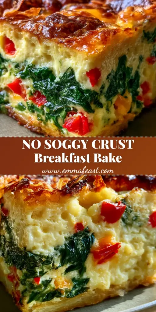 A thick square slice of breakfast crescent roll veggie egg casserole showing layers of flaky crust and fluffy eggs with spinach and red peppers.