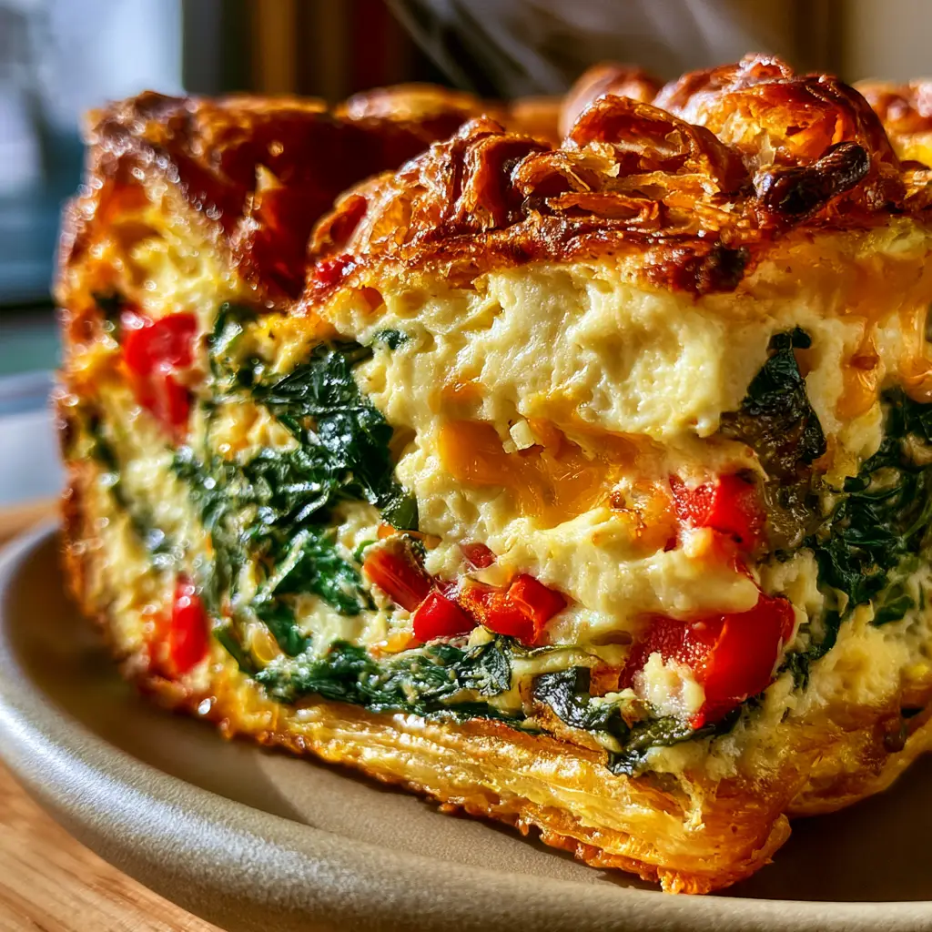 A side-lit cross-section of a breakfast crescent roll veggie egg casserole on a matte grey ceramic plate with steam rising.