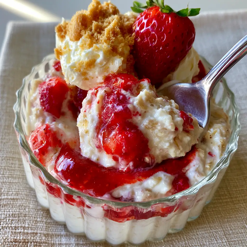 Strawberry Cheesecake Overnight Oats: The Ultimate Decadent Meal Prep Guide 2 High-angle view of dense Strawberry Cheesecake Overnight Oats with vibrant red strawberry swirls and a cream cheese dollop.