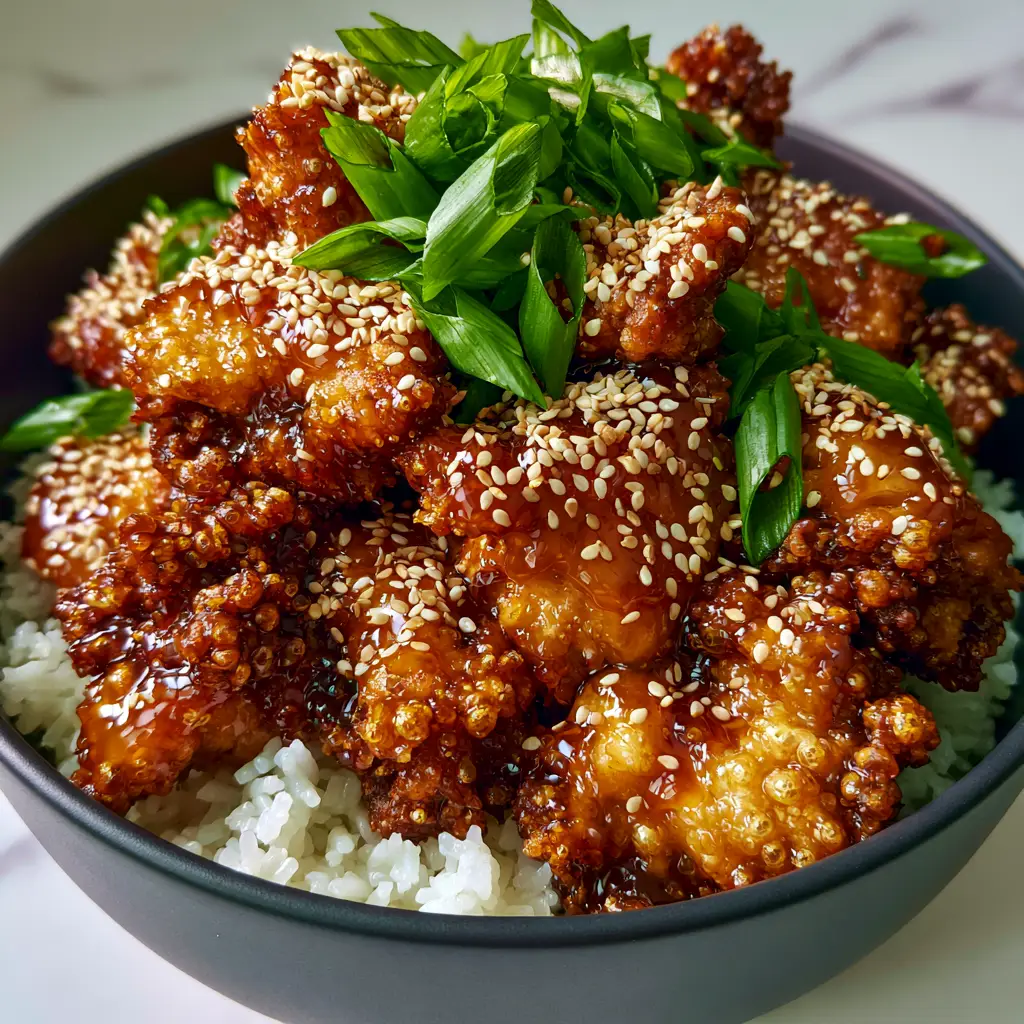 Chinese Honey Chicken: The Ultimate Crispy Takeout Secret 1 Modern charcoal bowl filled with golden-brown honey chicken, bright green scallions, and fluffy jasmine rice.