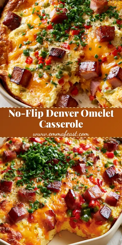 A vertical photo of a Denver omelet bake in a cream ceramic dish with toasted edges, honey ham, and chives.