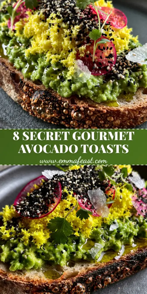 A top-down view of gourmet avocado toast ideas featuring charred sourdough and grated egg snow on a charcoal plate.