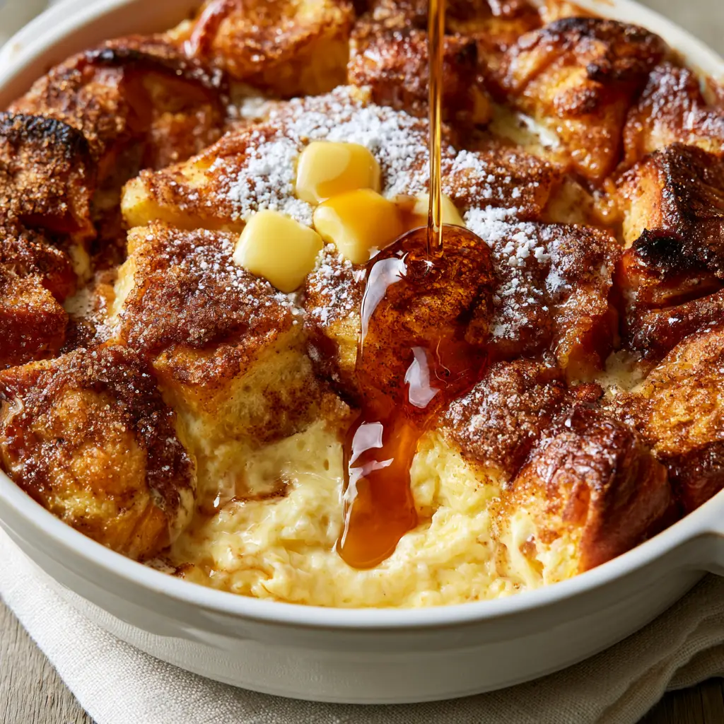 A 45-degree angle shot of the French Toast Casserole highlighting the thick amber maple syrup pour.