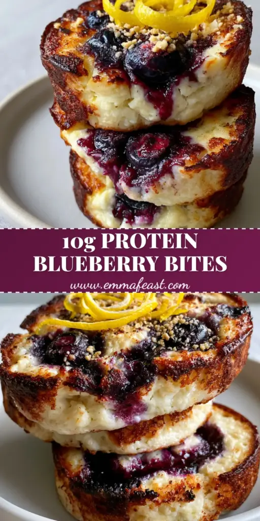 Blueberry and Lemon Zest Cottage Cheese Bites: The Ultimate High-Protein Morning Snack 4 A stack of three thick Blueberry and Lemon Zest Cottage Cheese Bites on a white plate with bursting blueberries and lemon spirals.