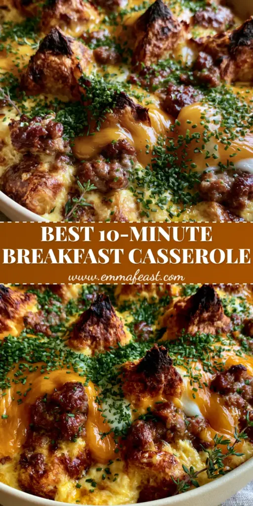 Top-down view of a golden-brown sausage croissant breakfast casserole in a cream dish, garnished with fresh chives.
