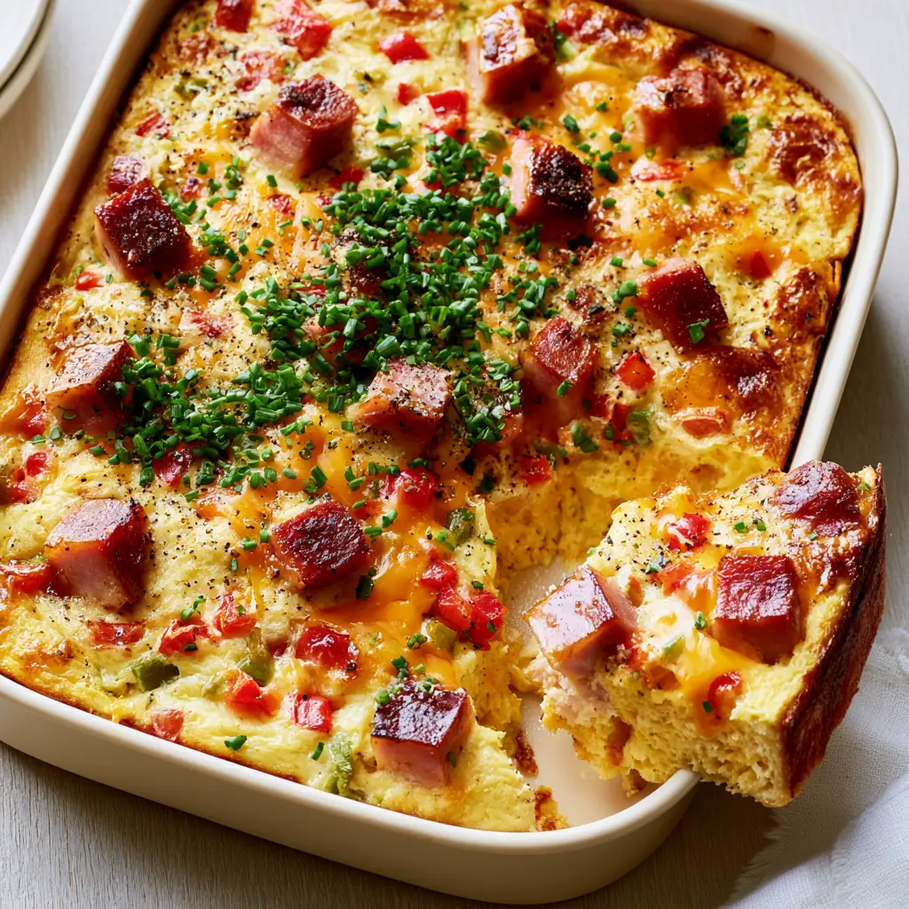 A slice removed from the Denver omelet bake revealing a steaming aerated interior texture.
