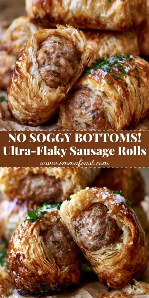 Sausage rolls with Flaky Laminated Puff Pastry and Seasoned Pork 4 A stack of artisanal Sausage rolls on crumpled parchment paper, showing one diagonally sliced roll with a juicy pork center and hundreds of flaky pastry layers.
