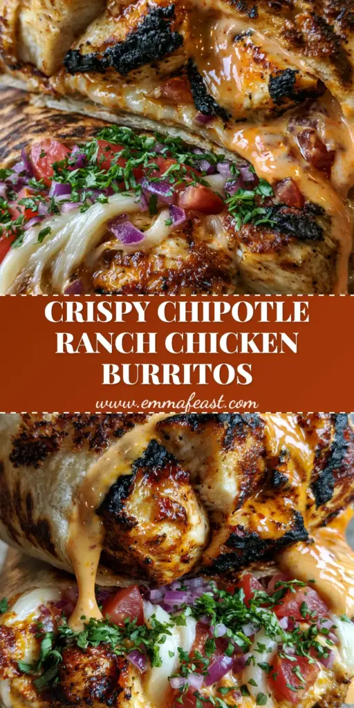 A close-up vertical shot of a Chipotle Ranch Grilled Chicken Burrito sliced in half, showing melted Monterrey Jack cheese, blackened chicken, and orange chipotle ranch sauce.