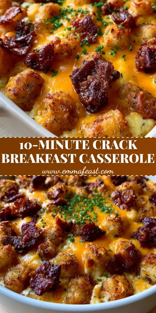 A close-up vertical shot of crack breakfast casserole featuring crispy golden tater tots, bubbling melted cheddar cheese, and thick-cut bacon chunks garnished with fresh chives.