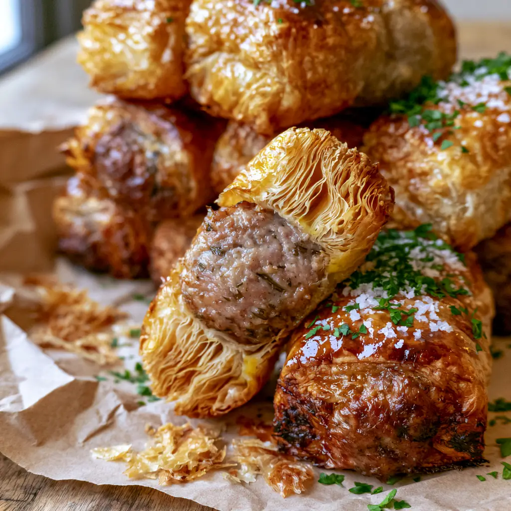 Sausage rolls with Flaky Laminated Puff Pastry and Seasoned Pork 1 Diagonal slice of a Sausage roll revealing a steaming, juicy pork sausage center seasoned with herbs.