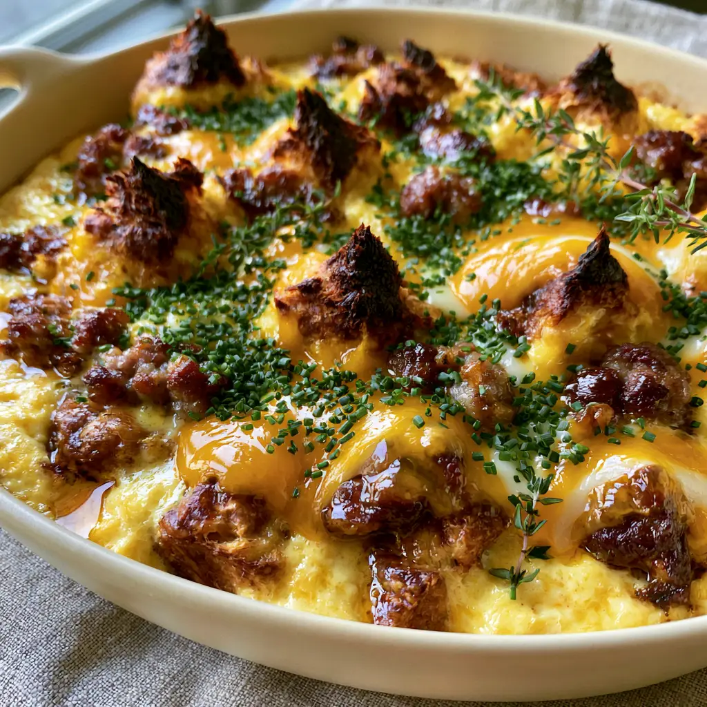Savory sausage croissant breakfast casserole in a matte ceramic dish with fresh thyme sprigs and an oily cheese sheen.