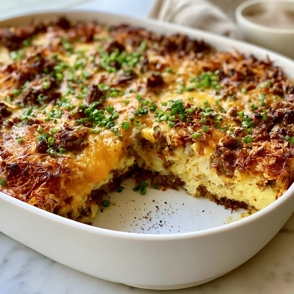 A square portion of breakfast casserole lifted to show the fluffy egg and potato layers inside.