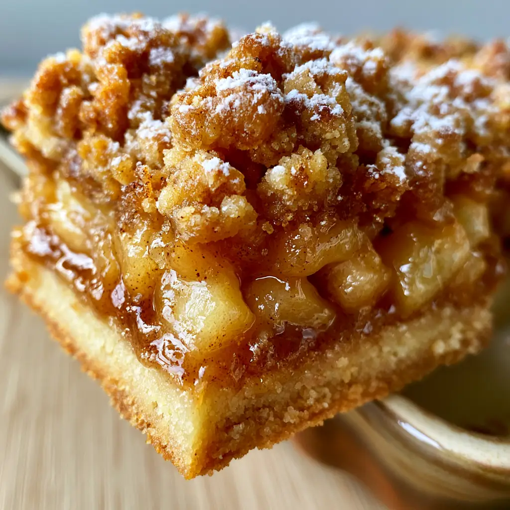 Close-up of apple bars showing glistening translucent apple chunks and golden crumble topping. (apple bars)