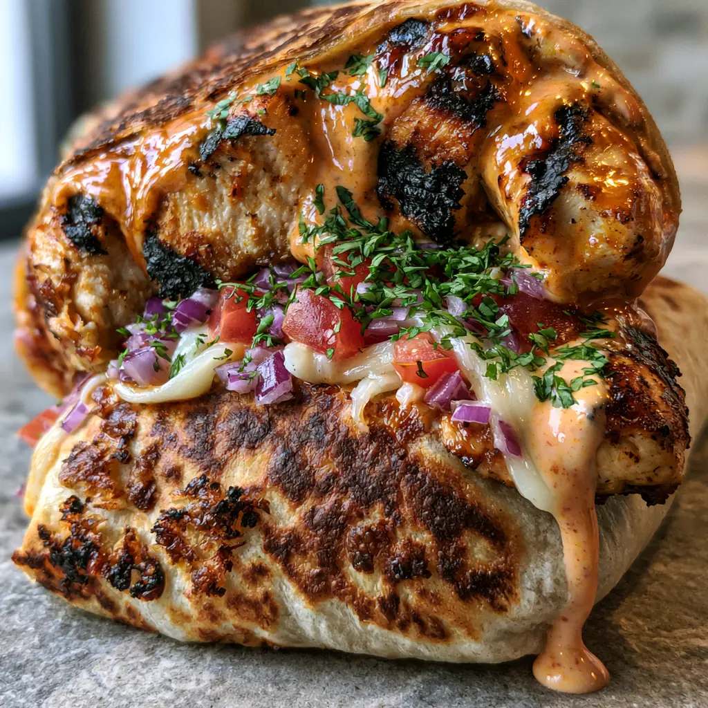A decadent cross-section of a grilled burrito with chipotle ranch sauce dripping down the side over melted cheese and fresh cilantro.