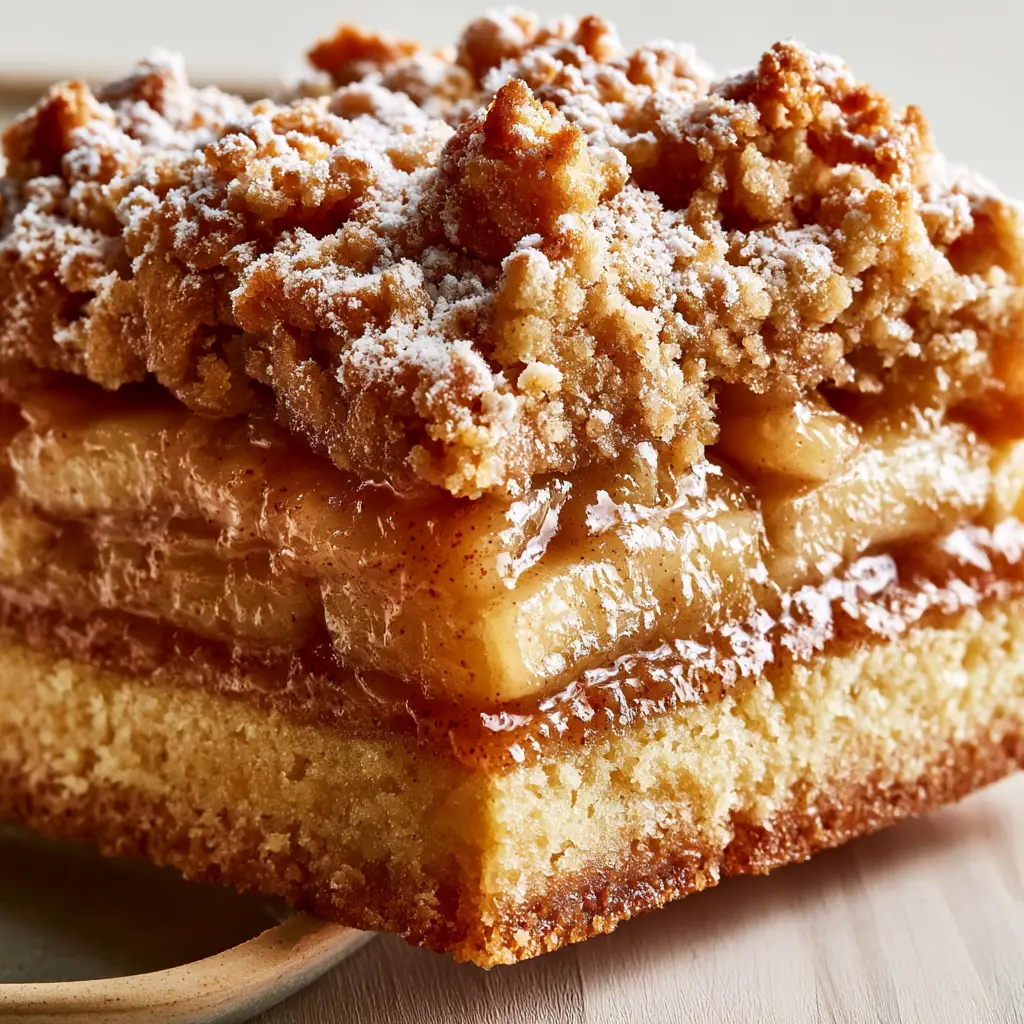 A handheld shot of a thick-cut apple crumb bar with a dusting of powdered sugar. (apple bars)
