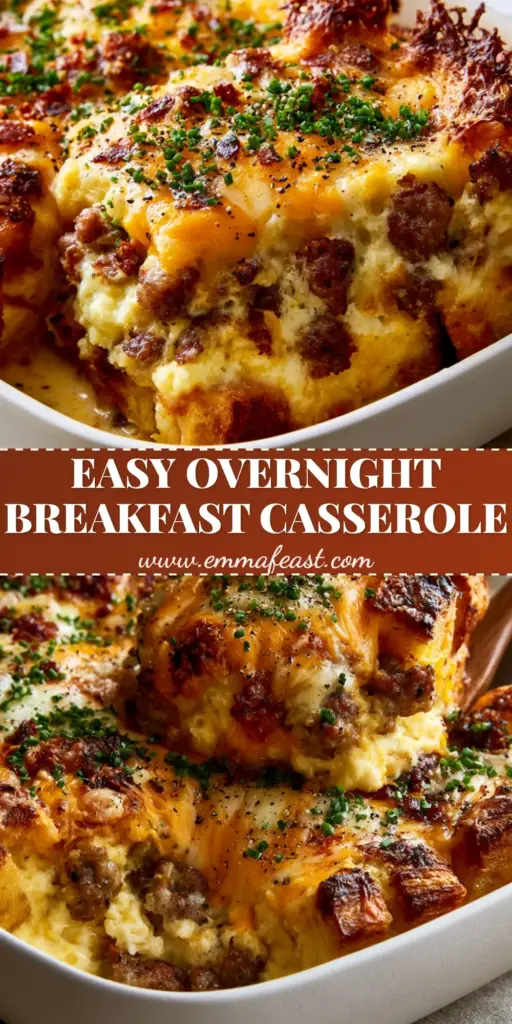 High-angle close-up of a bubbling overnight breakfast casserole with golden brioche, melted cheese, and green chives.