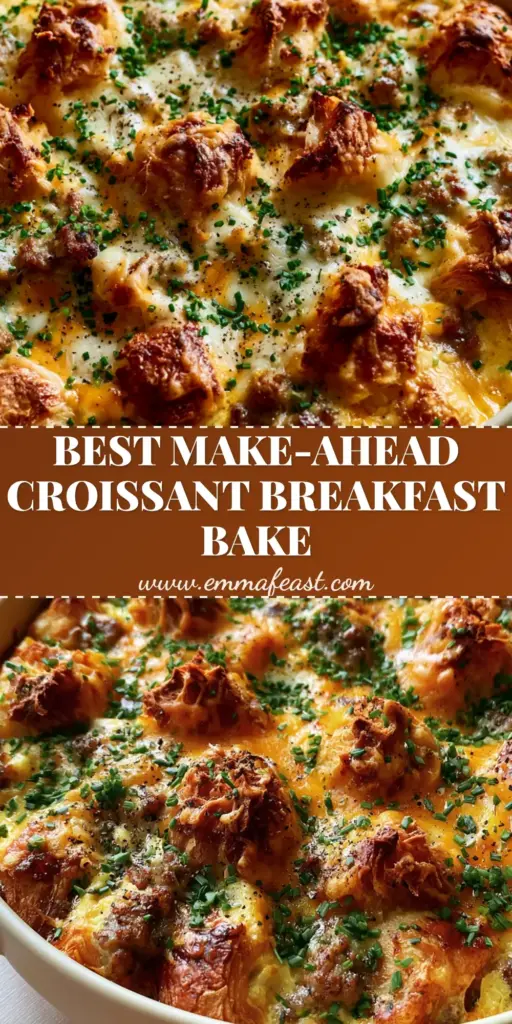 Close-up of Croissant Breakfast Casserole with toasted pastry peaks, melted cheese, and fresh chives in a cream dish.