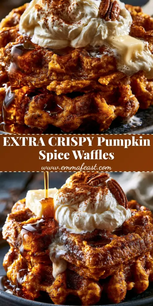 A stack of deep-well Belgian pumpkin waffles on a charcoal plate topped with melting butter, whipped cream, and toasted pecans.