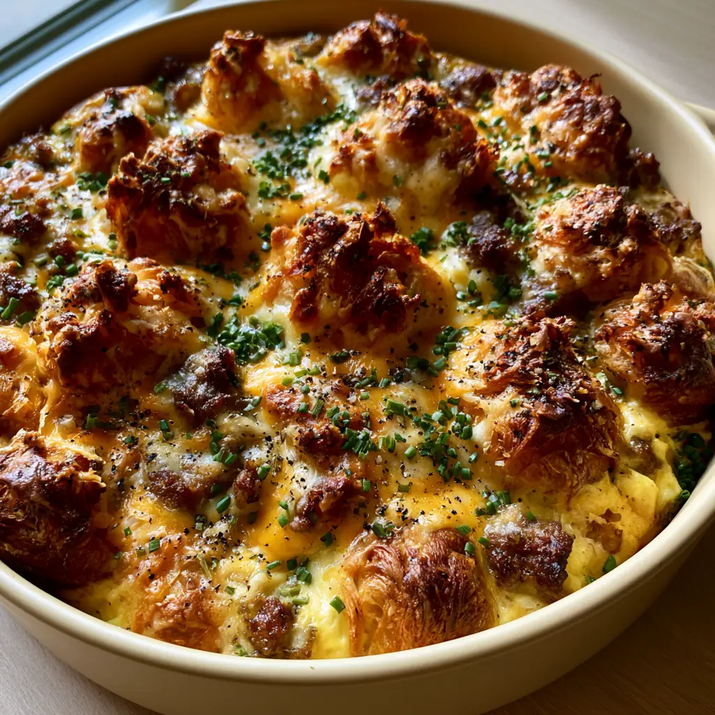 Top-down view of a savory Croissant Breakfast Casserole featuring sage sausage and golden melted cheddar.