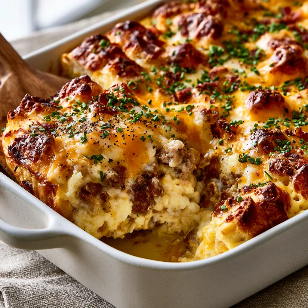 A wooden server lifting a portion of overnight breakfast casserole to reveal steamy egg and sausage layers.