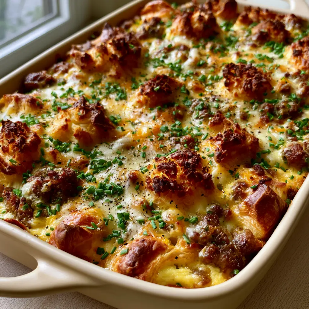 Angled close-up of buttery croissant layers and bubbling cheese in a breakfast bake.