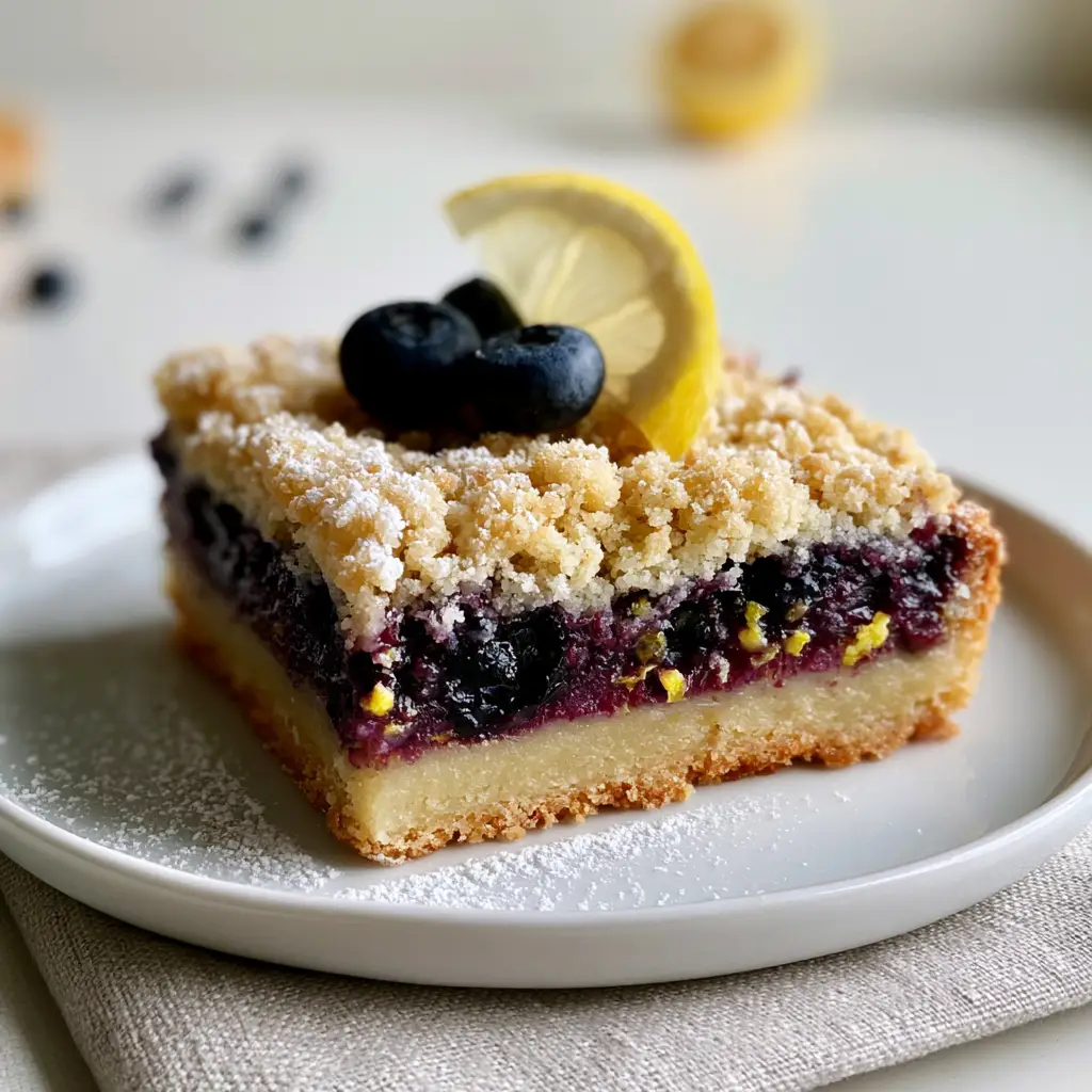 Close-up of blueberry lemon pie bars showing the dark indigo blueberry filling and bright yellow lemon zest specks. (blueberry lemon pie bars)