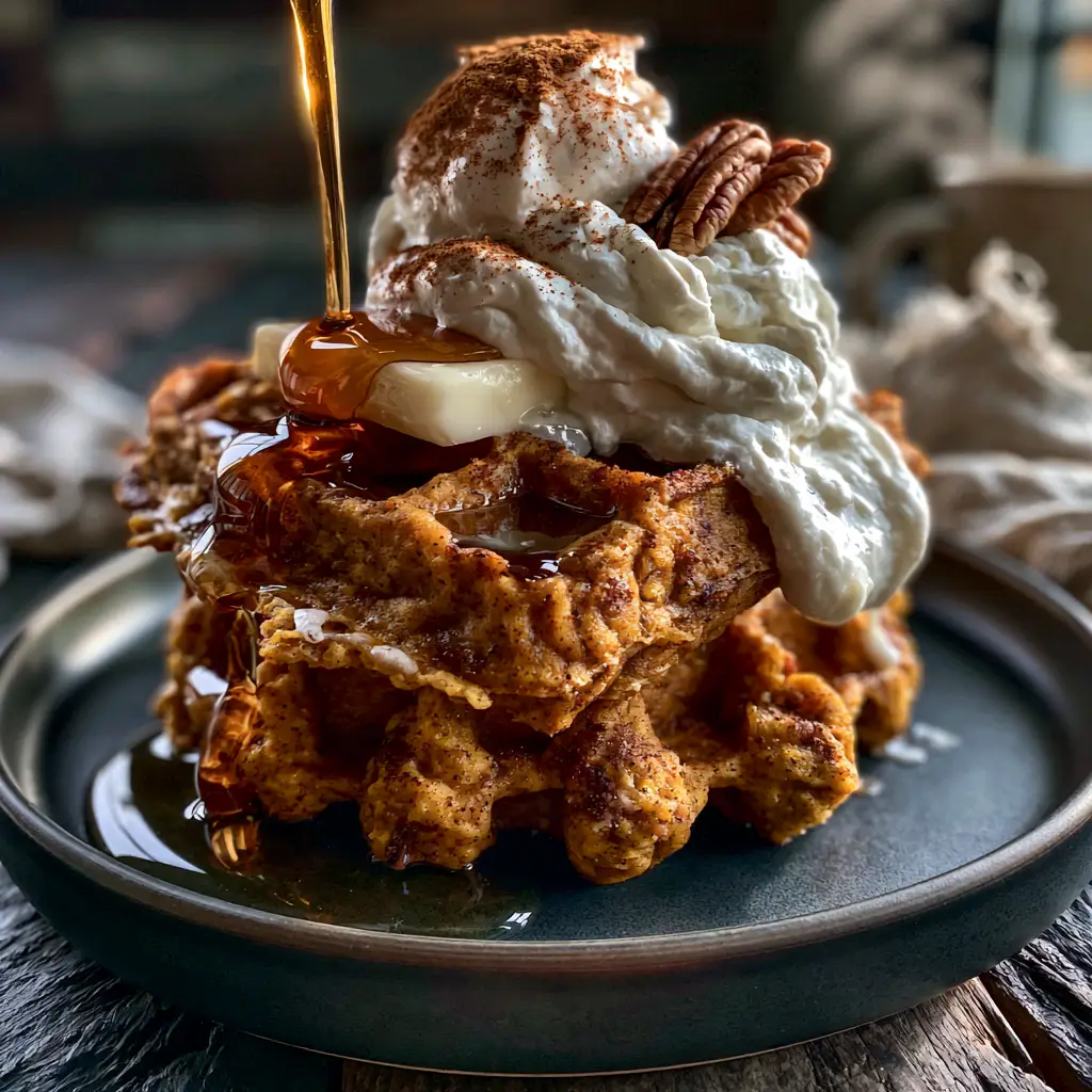 Belgian pumpkin waffles on a dark charcoal ceramic plate with toasted pecans and pumpkin spice dusting.