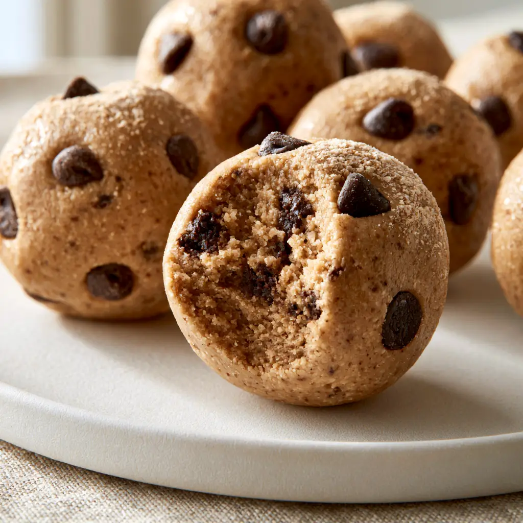 Extreme macro close-up of peanut butter balls showing a moist, fudgy interior texture and embedded chocolate chips.