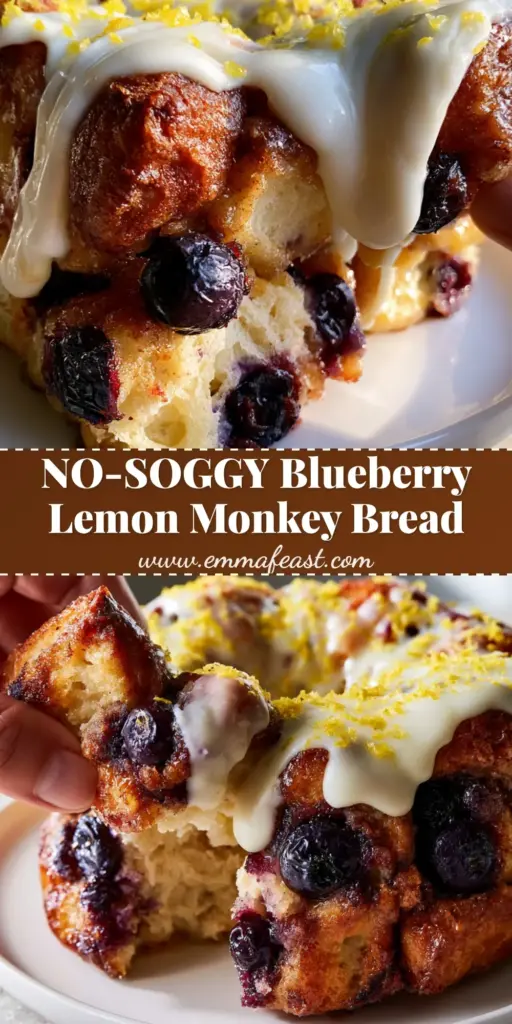 A close-up vertical shot of golden-brown Blueberry Monkey Bread with bursting purple blueberries and a thick white cream cheese glaze.