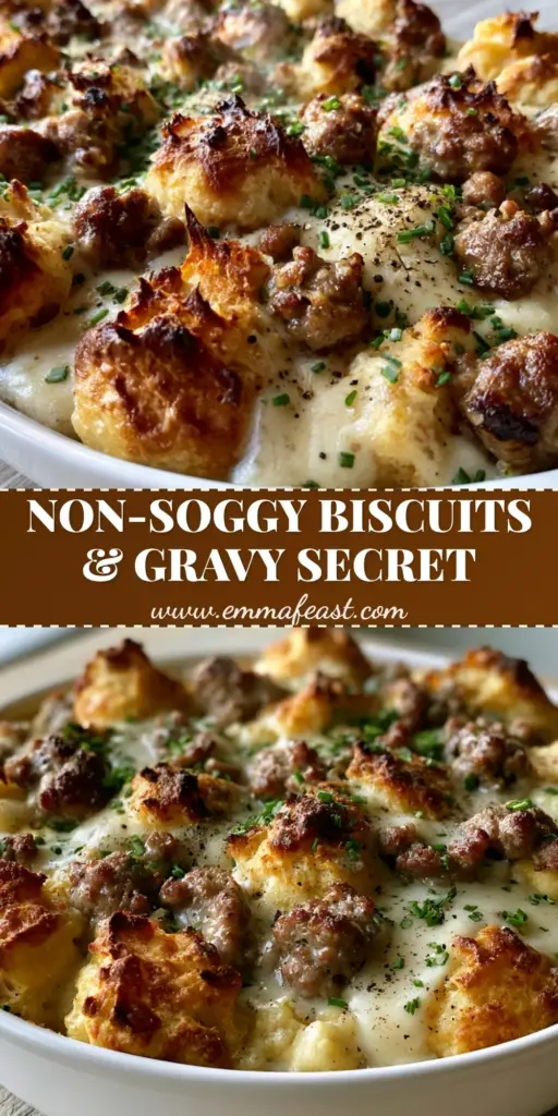 Biscuits and Gravy Breakfast Casserole: The Ultimate Southern Comfort Brunch 4 A close-up vertical shot of a golden-brown biscuits and gravy breakfast casserole in a ceramic dish, showing crispy biscuit edges and thick sausage gravy.