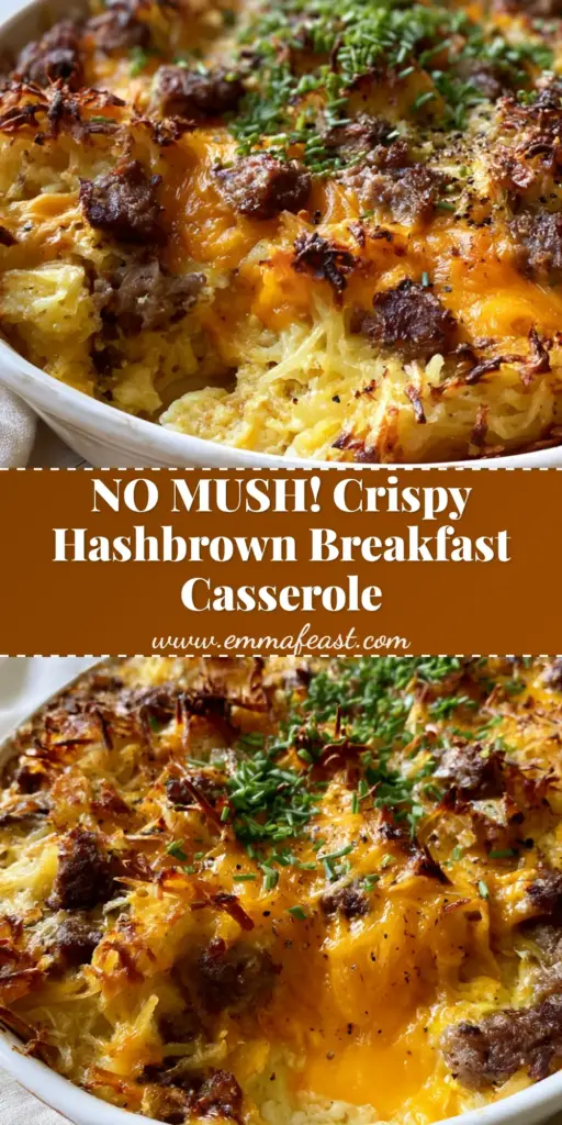 Hashbrown Breakfast Casserole with Crispy Golden Edges 4 A close-up shot of a hashbrown breakfast casserole in a rustic white dish with crispy golden-brown edges and melted cheese.