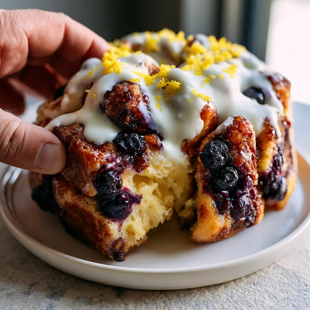 Hand pulling away a piece of fluffy Blueberry Monkey Bread to reveal the soft white dough interior and caramelized sugar coating.