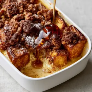A high-angle view of golden-brown brioche cubes in a white ceramic dish, showcasing the bubbling cinnamon sugar edges. (Overnight French Toast Casserole)