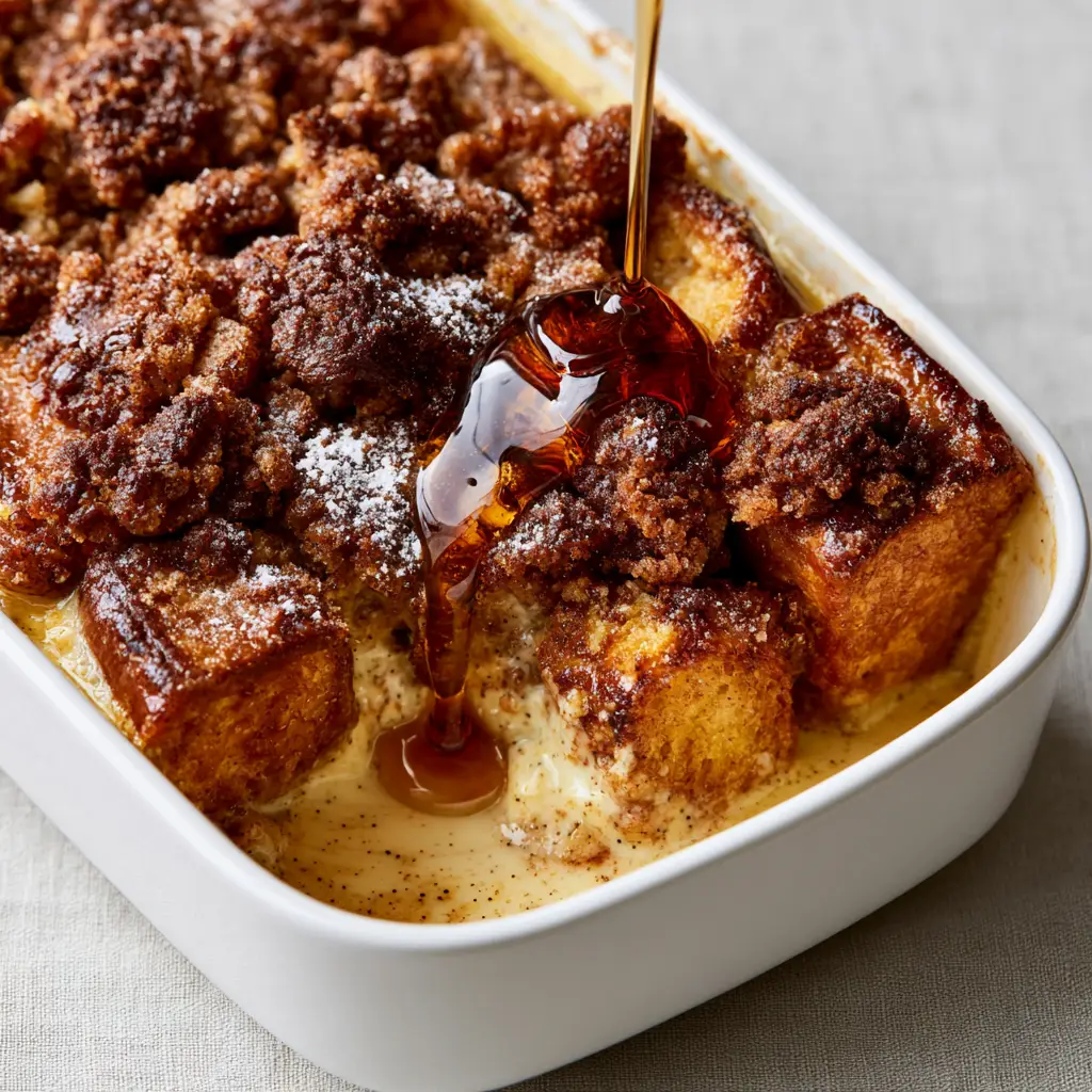 A high-angle view of golden-brown brioche cubes in a white ceramic dish, showcasing the bubbling cinnamon sugar edges. (Overnight French Toast Casserole)