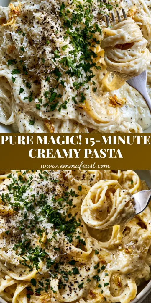 Overhead shot of a Creamy Pasta Recipe with glossy fettuccine, golden garlic bits, and fresh parsley in a matte bowl.