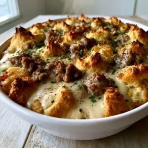 A smartphone photo of a golden-brown biscuits and gravy breakfast casserole with steam rising and fresh chives on a light wood table.