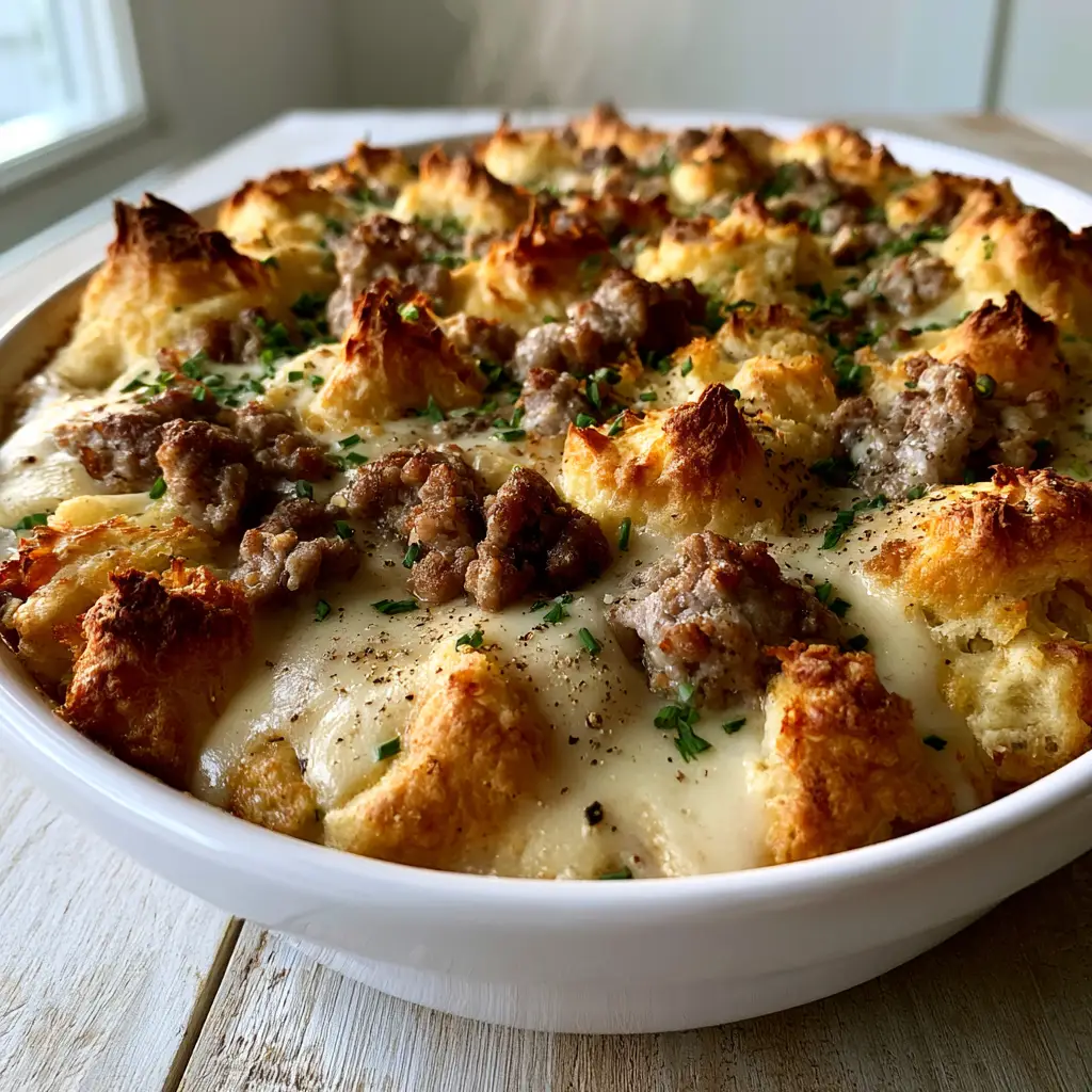 A smartphone photo of a golden-brown biscuits and gravy breakfast casserole with steam rising and fresh chives on a light wood table.