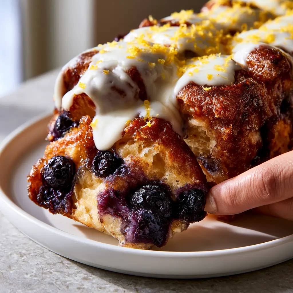 Top view of Blueberry Monkey Bread in a ceramic plate featuring burst blueberry juice and bright yellow lemon zest.