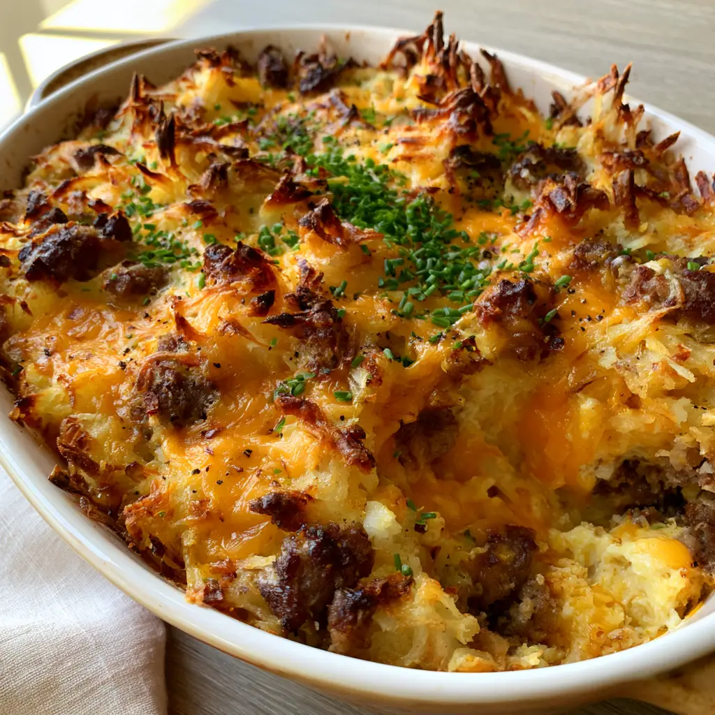 45-degree angle smartphone photo of a hashbrown breakfast casserole with scorched peaks and melted cheddar.