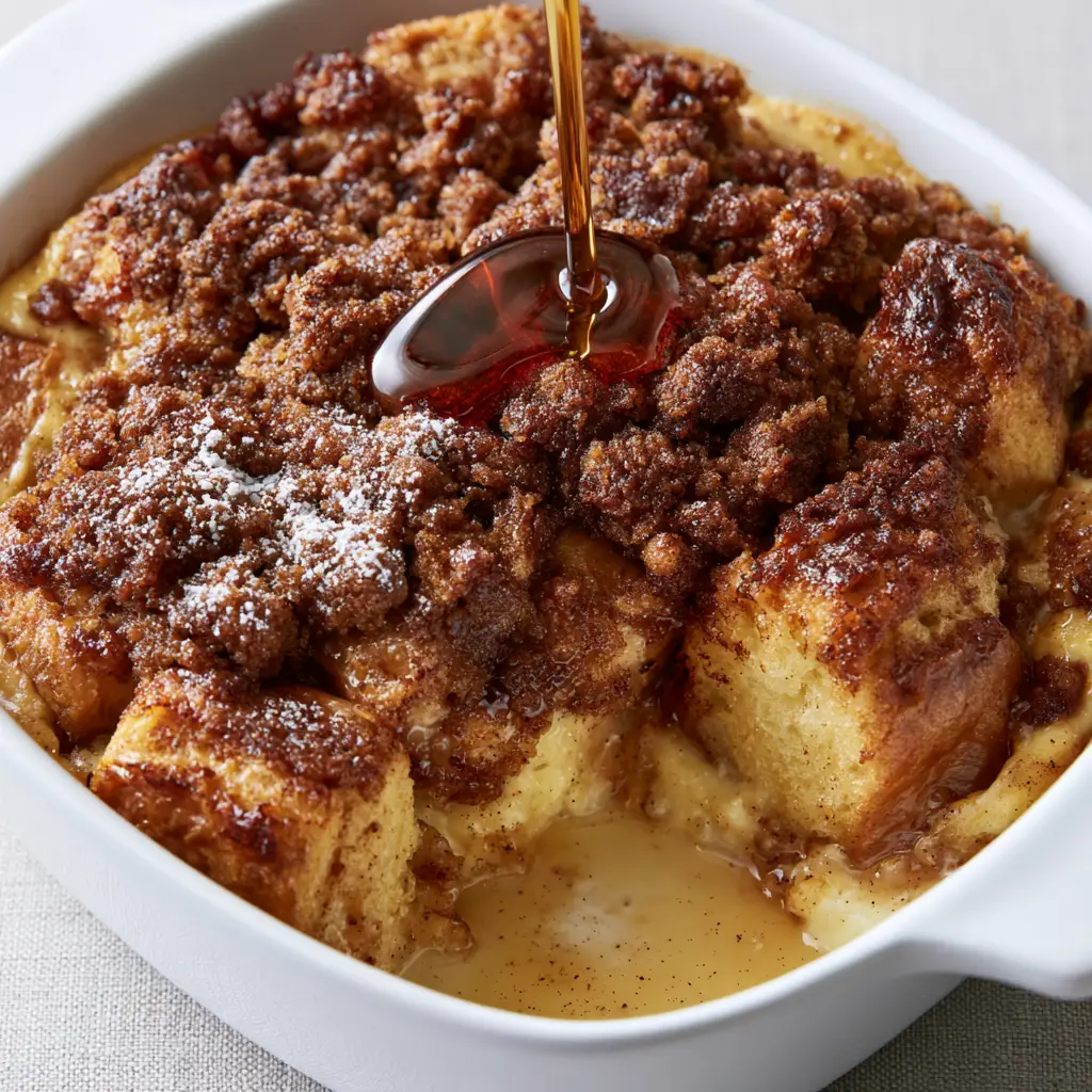 Close-up of a scoop removed from the Overnight French Toast Casserole, showing vanilla bean specks in the custard.