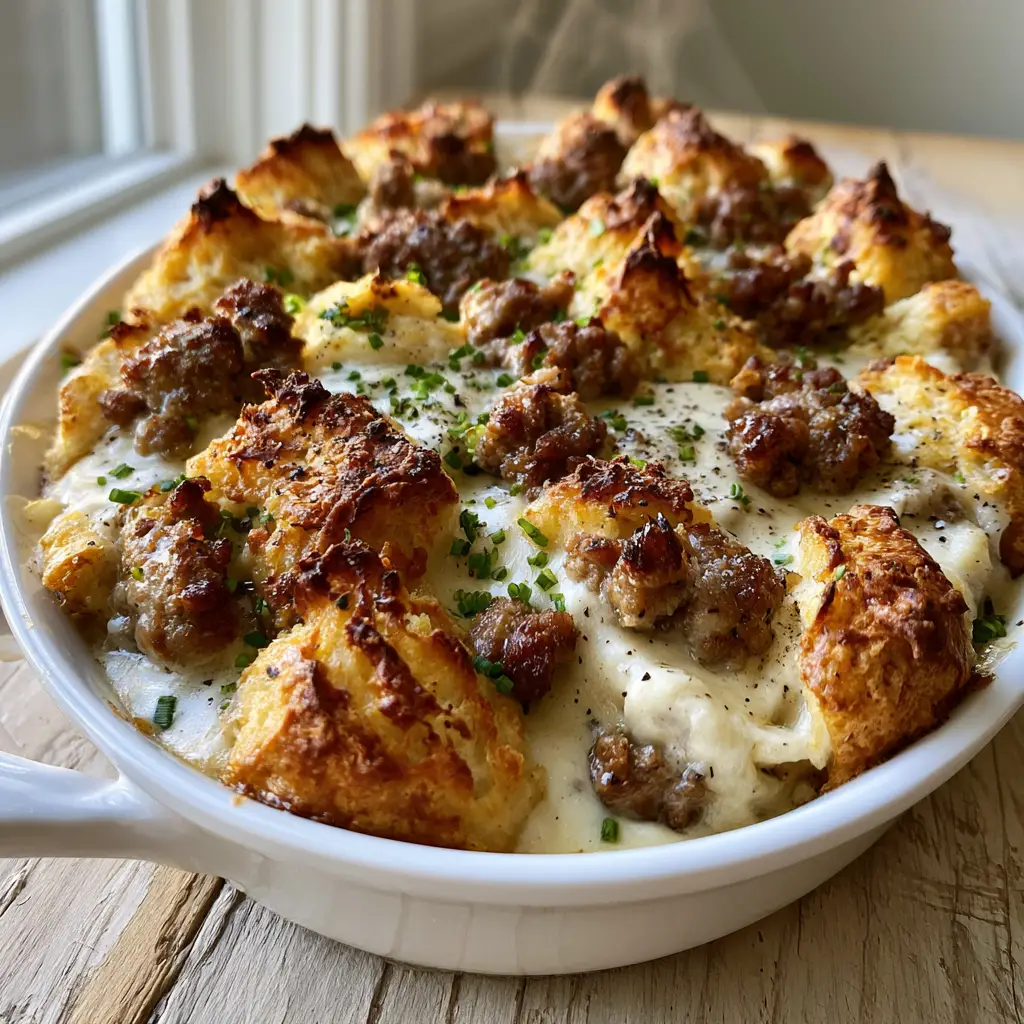Biscuits and Gravy Breakfast Casserole: The Ultimate Southern Comfort Brunch 1 Detailed shot of thick ivory-colored country gravy and browned sausage crumbles tucked between torn buttermilk biscuits.